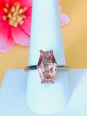 Large Morganite stone ring size 10, platinum over Djoy silver